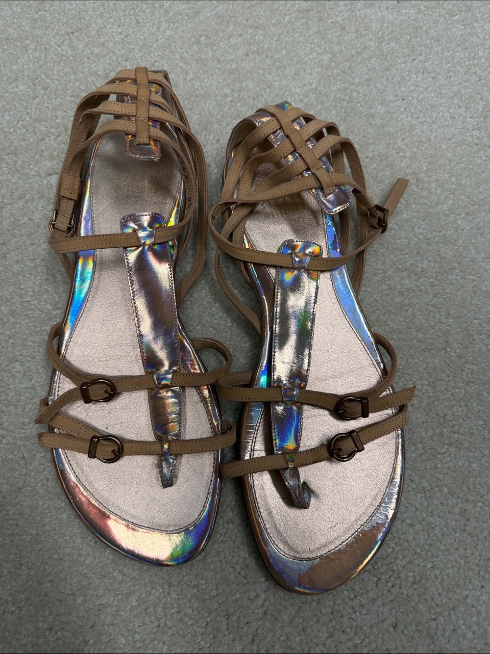 Stuart Weitzman Tan Strappy Sandals with Iridescent Insole 8.5